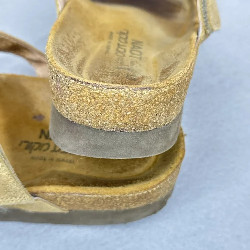 NAOT Aspen Leather Sandals Wedge Cork Gold Metallic Rhinestones EU 38 US 7 - 7.5 - Picture 14 of 16